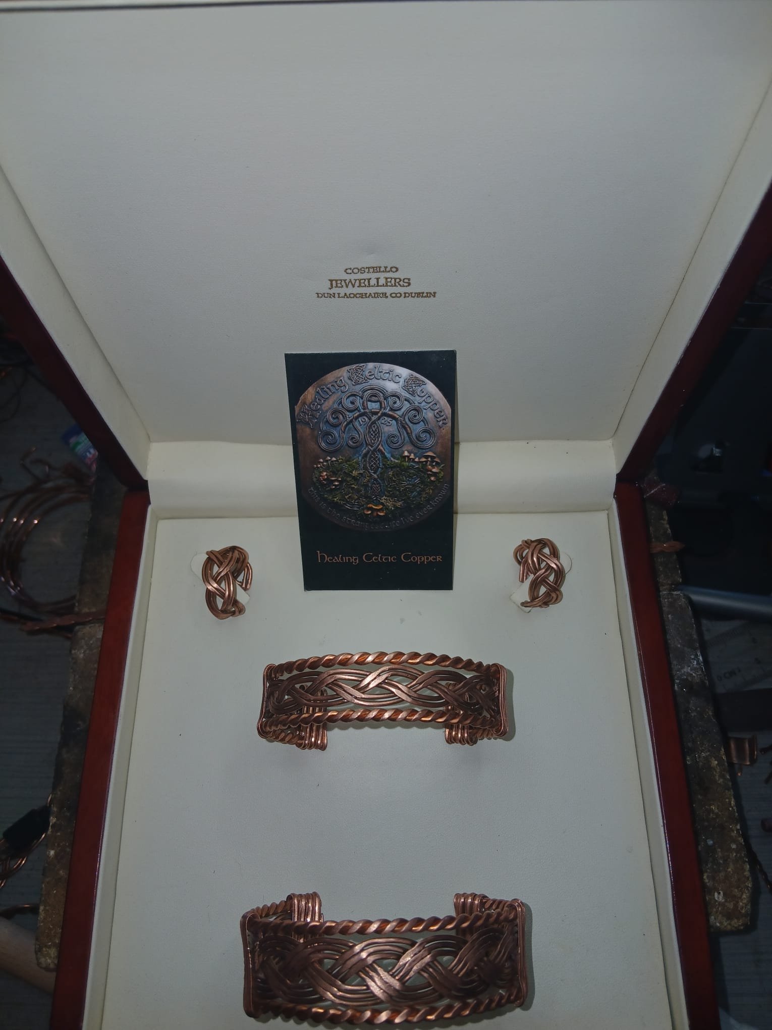 Copper cuff and earrings in a gift box